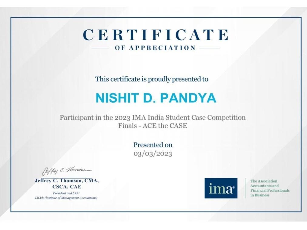 Participation in the 2023 IMA India Case Study Competition