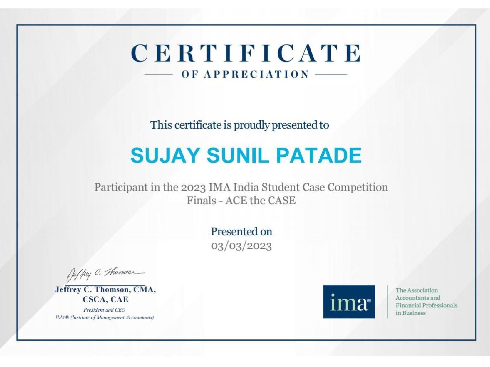 Participation in the 2023 IMA India Case Study Competition