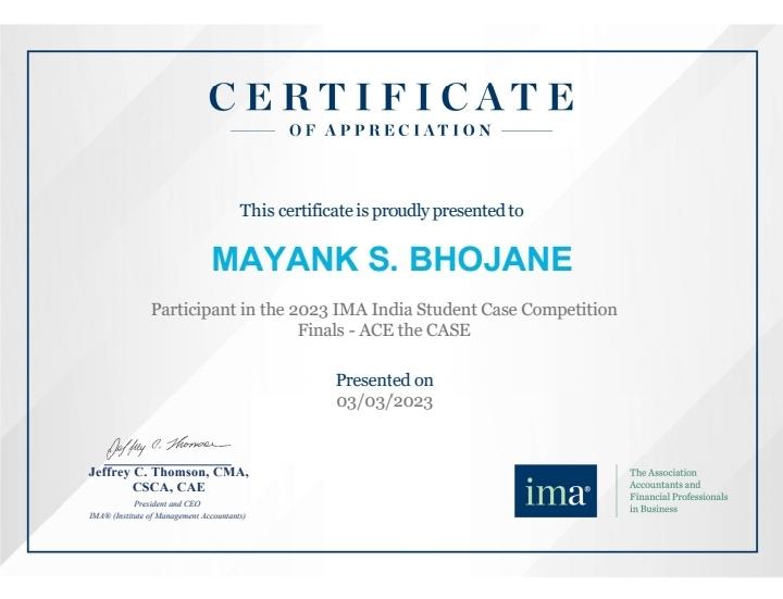 Participation in the 2023 IMA India Case Study Competition