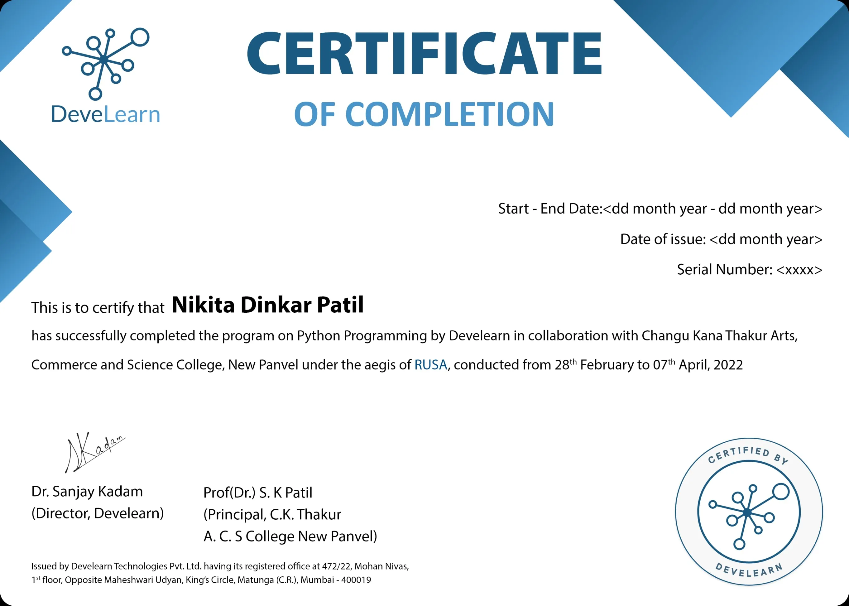 Develearn Certificate